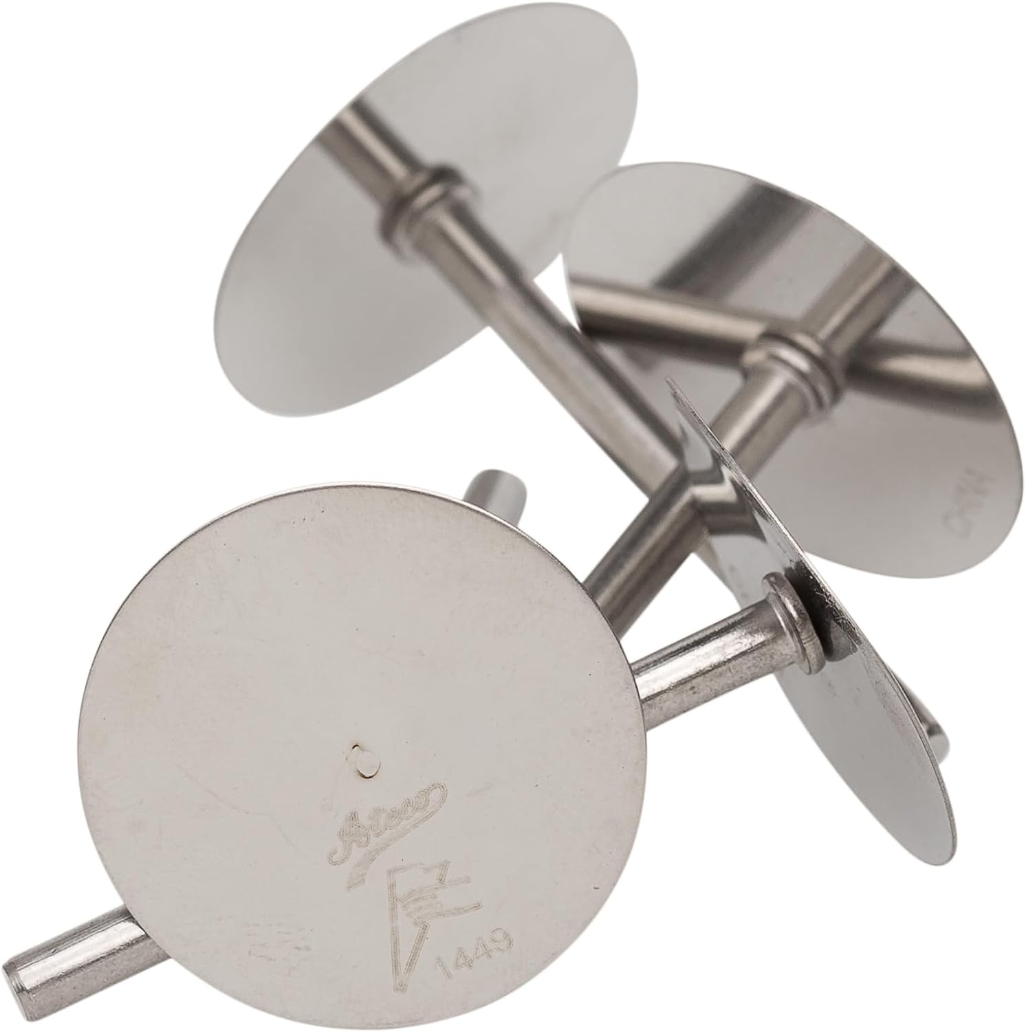 Ateco 1449 stainless steel cake pan heating cores, designed to conduct heat evenly for perfectly baked cakes without undercooked centers.