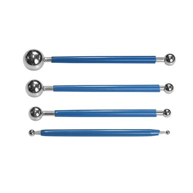Ateco 4-piece two-sided modeling ball tool set with blue handles and chrome steel ends, designed for shaping fondant and gum paste decorations.