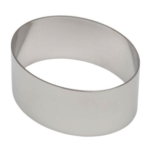 Ateco 4902 4" stainless steel oval mold with a smooth finish and engraved branding, designed for precision baking and plating.