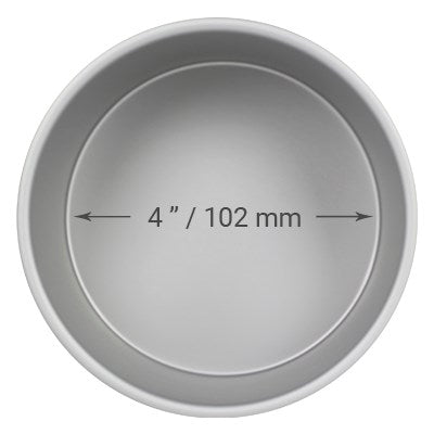 4-inch diameter and 4-inch deep round cake pan made of anodized aluminum with seamless construction for smooth, straight-edge cakes.