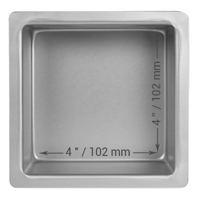 4-inch, 4-inch deep square cake pan with seamless anodized aluminum construction for smooth, even sponge cakes and professional baking results.