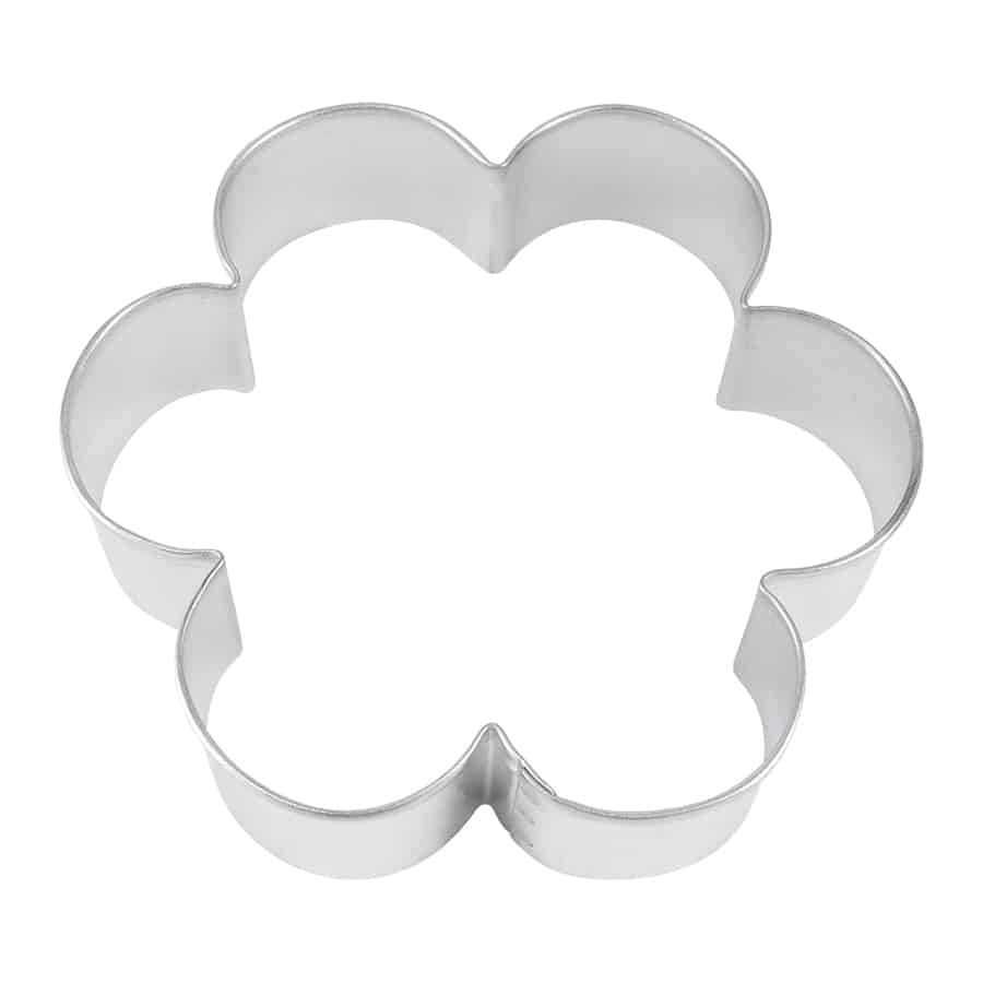 Overhead view of a 4" scalloped biscuit cutter with a smooth tinplate steel finish.