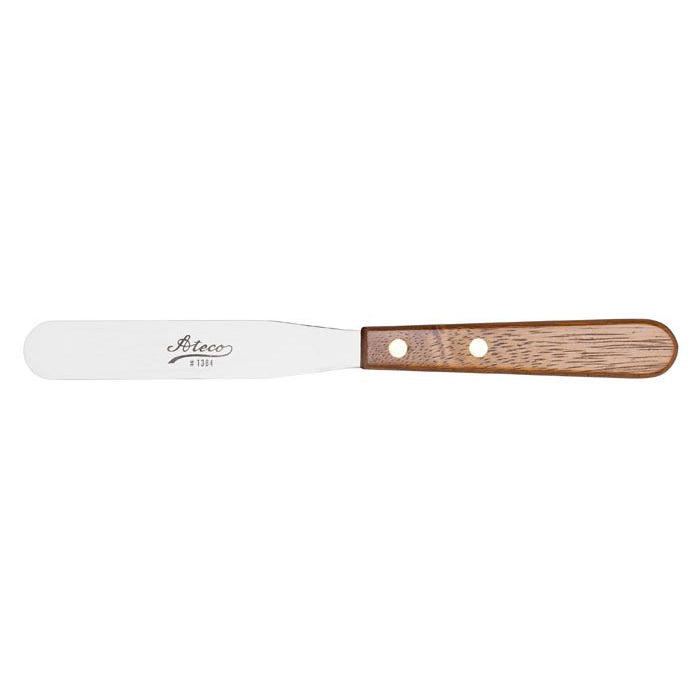 4-inch straight spatula with stainless steel blade and wood handle, ideal for small detail work.