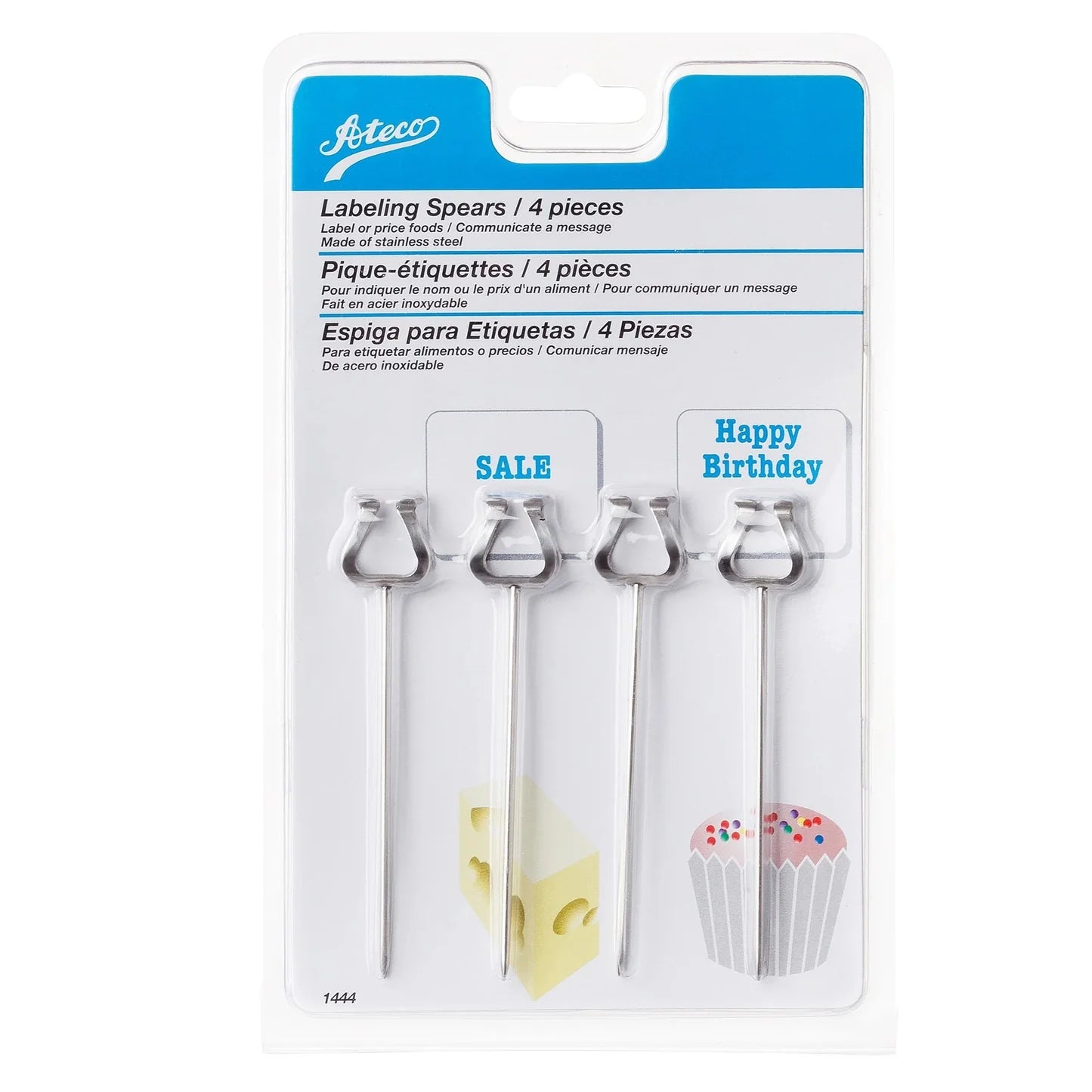 "Ateco 4-inch stainless steel labeling spears set of four, designed for professional food displays in bakeries, delis, and catering events.