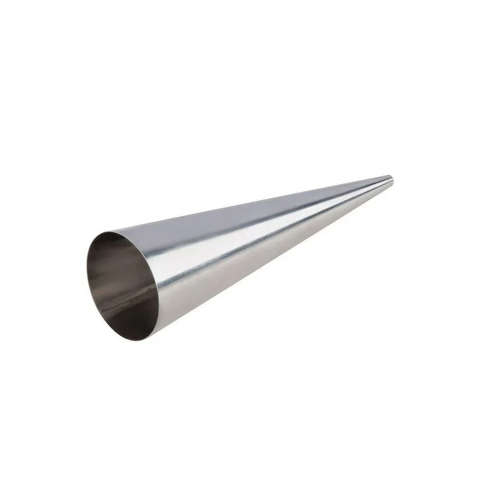 Small stainless steel cream horn mold shaped like a tapered cone, shown on a white background with a wide open end and narrow pointed tip.