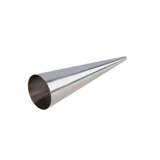 Small stainless steel cream horn mold shaped like a tapered cone, shown on a white background with a wide open end and narrow pointed tip.
