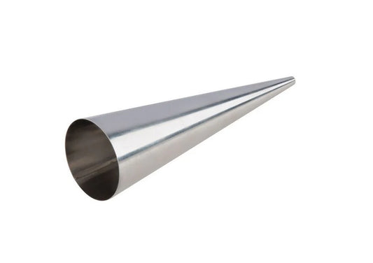 Open end view of stainless steel cream horn mold, conical in shape, designed for shaping pastries like cream horns and lady locks.