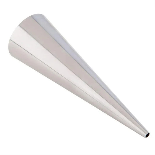 Side view of stainless steel cream horn mold, conical in shape, designed for shaping pastries like cream horns and lady locks.