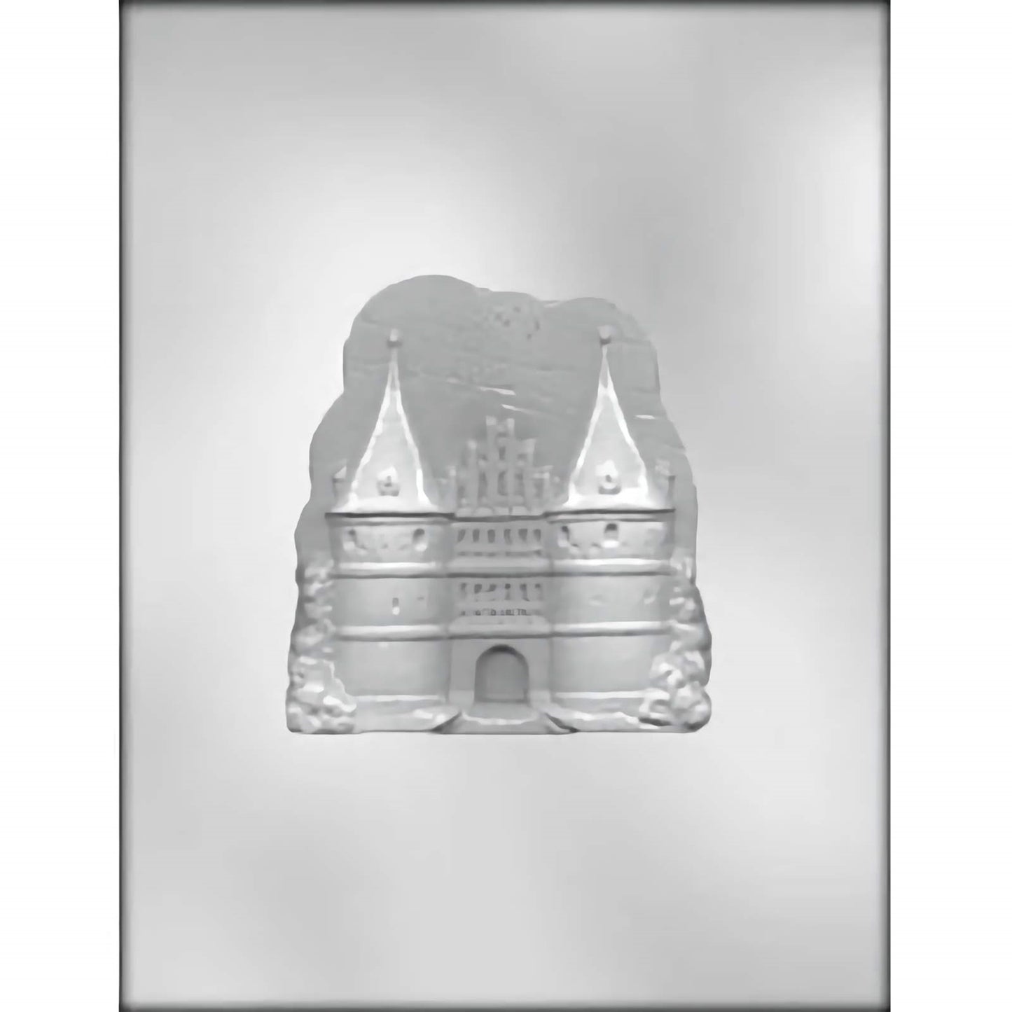 Clear plastic chocolate mold featuring a single large castle design with two tall, pointed turrets, a central arched gate, and intricate details to create a fairy-tale-like chocolate castle.