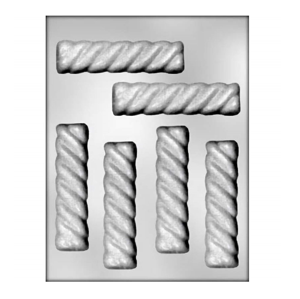 Image of a 4-1/2 inch candy bar mold featuring six cavities, each with a twisted rope design that gives a textured appearance to the final candy bars. The elongated cavities are arranged in two rows, with the reflective surface of the mold highlighting the intricate details of the twisted pattern, perfect for creating gourmet chocolate bars.
