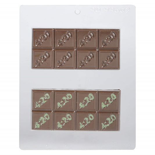 The image displays a clear plastic chocolate mold designed to create individual chocolate bars with a cannabis theme. Each cavity features the embossed numbers '4:20' along with a leaf emblem, which is commonly recognized as a symbol associated with marijuana. The mold includes two sets of four rectangular bar shapes, each bar divided into smaller, breakable sections, resembling a classic chocolate bar design. 