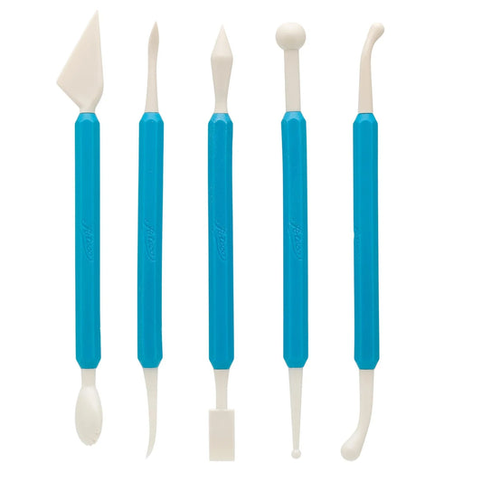 Ateco 4212 5-piece sculpting tool set with blue handles and white dual-ended tips, designed for shaping and detailing fondant and gum paste.