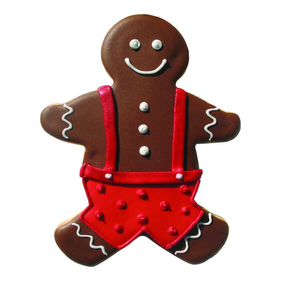Gingerbread cookie in red overalls with white icing details, made using a 5-inch gingerbread boy cookie cutter.