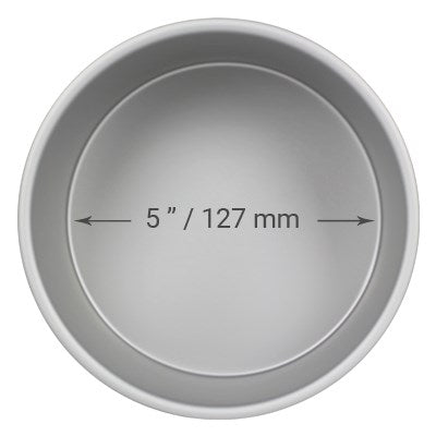5-inch diameter and 4-inch deep round cake pan made of anodized aluminum with seamless construction for smooth, straight-edge cakes.