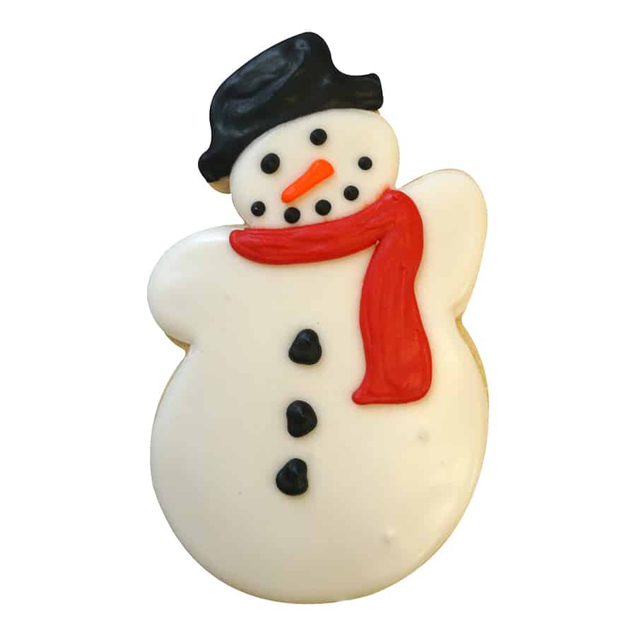 Decorated snowman-shaped cookie with a black hat, red scarf, and button details.