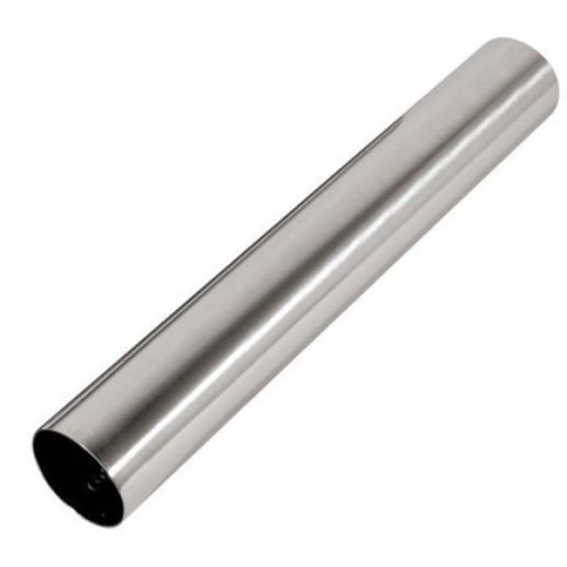 Stainless steel cannoli form mold, cylindrical in shape, designed for shaping cannoli shells.