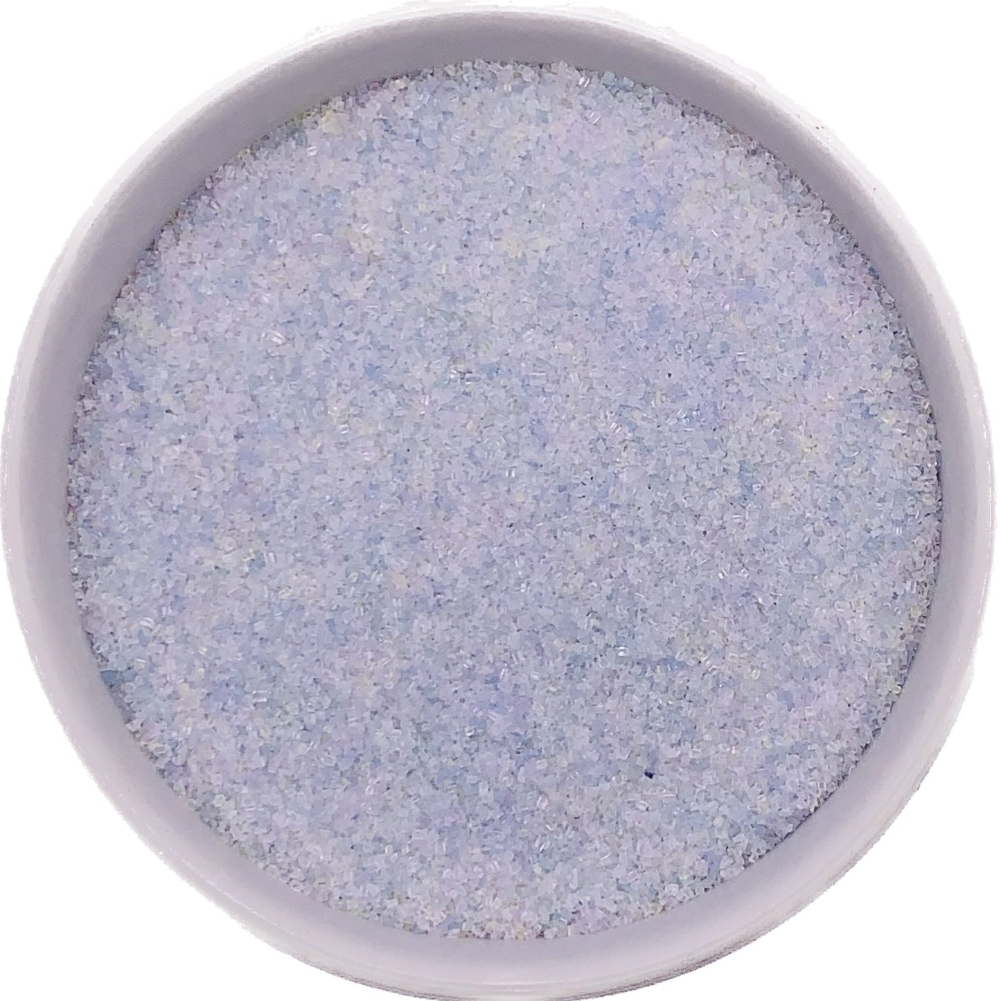 Opal fine sanding sugar in a clear container, translucent crystals with iridescent shimmer and a pearl-like effect.