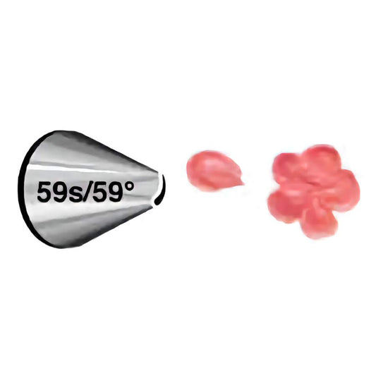 Piping tip 59s/59° with a curved opening, shown creating pink flower petals and ruffles, ideal for decorating cakes and cupcakes.