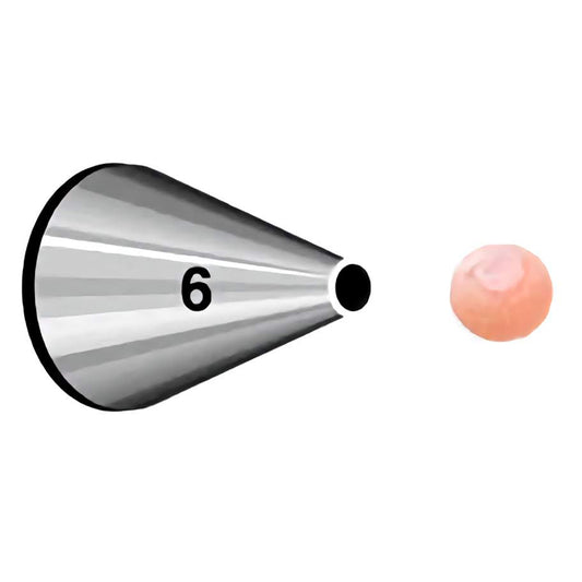 Piping tip #6 with a slightly wide round opening, shown piping a smooth icing dot. Good for borders, bold outlines, and lettering.