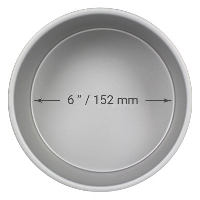 6-inch diameter and 4-inch deep round cake pan made of anodized aluminum with seamless construction for smooth, straight-edge cakes.