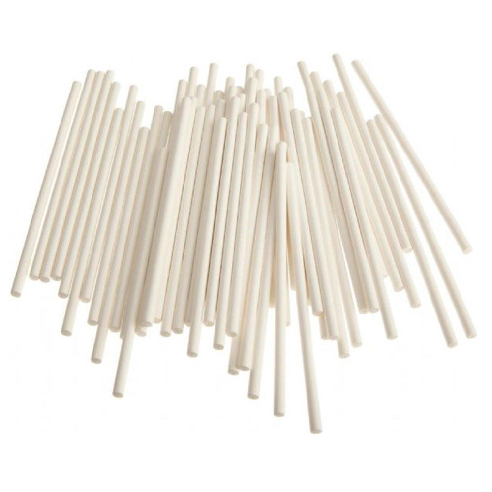 Loose pile of white 6-inch lollipop sucker sticks on a white background, showing straight, smooth sticks for cake pops, lollipops, and chocolate molds.