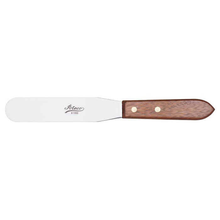 6-inch straight spatula with wooden handle, suited for medium-scale cake decorating.