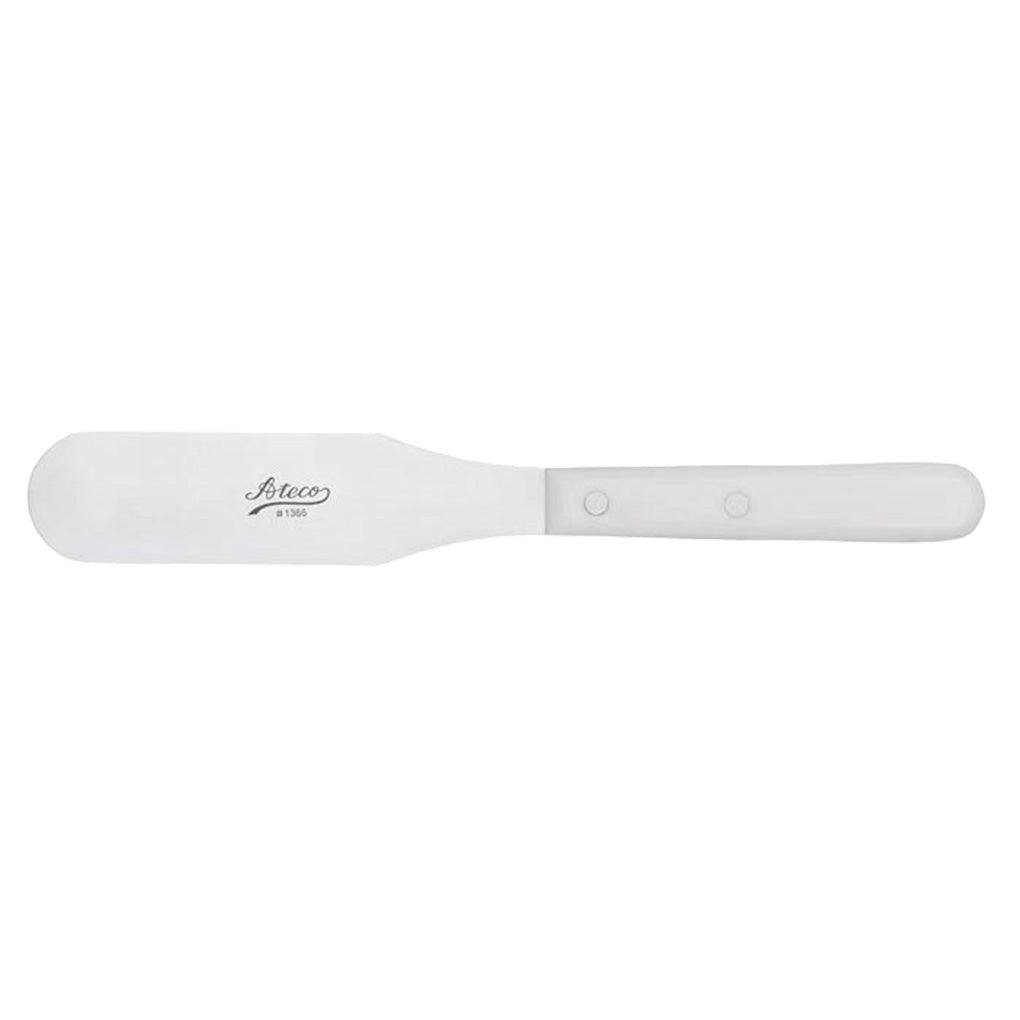 Straight Ateco spatula with a medium 6-inch stainless steel blade, rounded end, and white POM handle secured with two rivets on a white background.