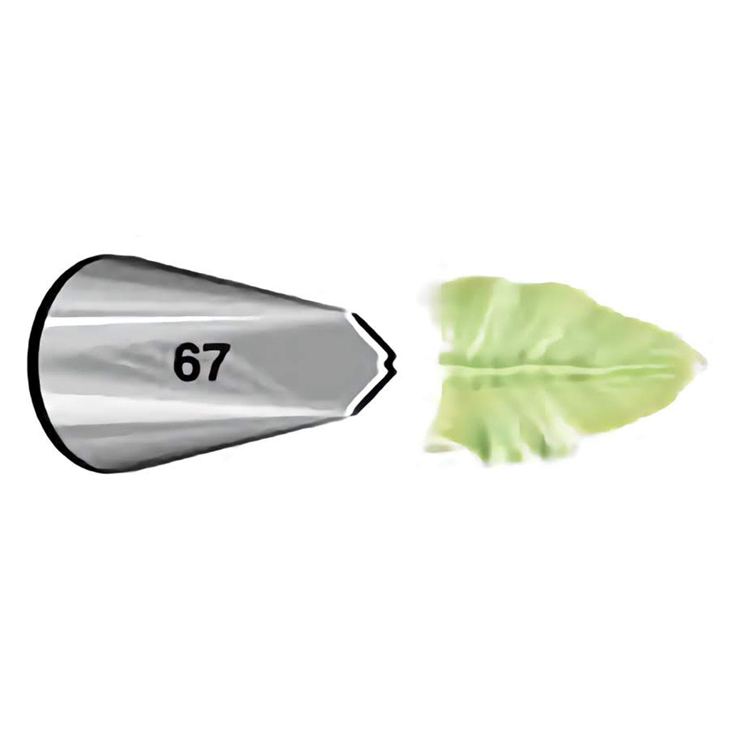 Leaf Piping Tip 67 with green icing leaf sample, used for piping realistic leaves, vines, and shell-motion borders
