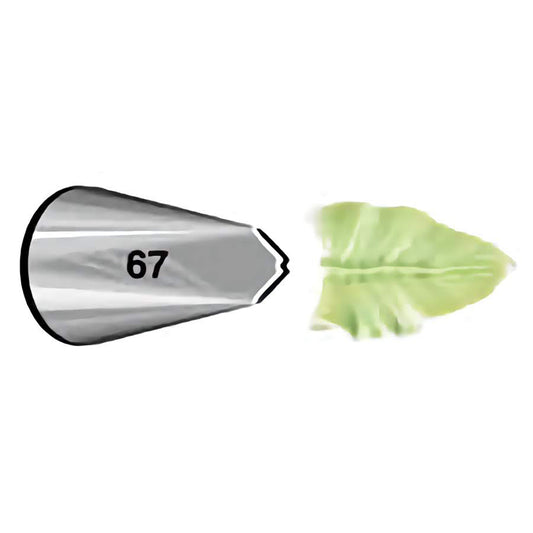 Leaf Piping Tip 67 with green icing leaf sample, used for piping realistic leaves, vines, and shell-motion borders