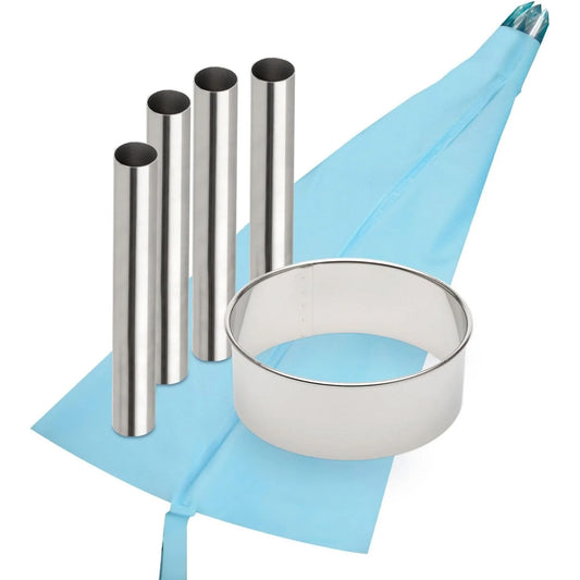 Close-up of the cannoli tools laid out on a blue decorating bag, showing four metal cannoli tubes and a round cutter on a white background.