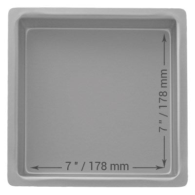 7-inch wide, 3-inch deep square cake pan with seamless anodized aluminum construction for smooth, even sponge cakes and professional baking results.