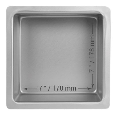 7-inch, 4-inch deep square cake pan with seamless anodized aluminum construction for smooth, even sponge cakes and professional baking results.