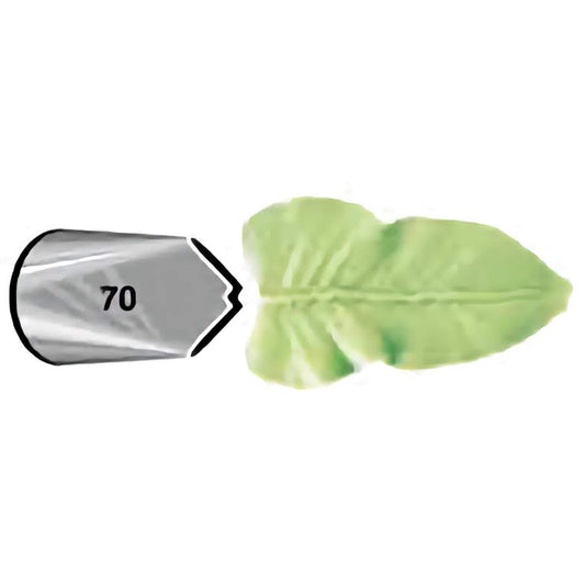 Leaf Piping Tip 70 with green icing leaf sample, used for piping realistic leaves, shell borders, and floral accents.