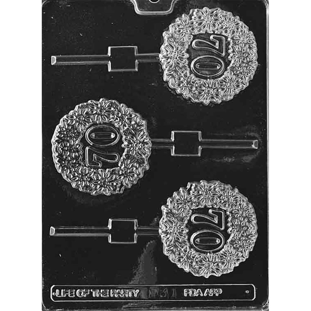 Clear 70th in Wreath Chocolate Lollipop Mold with three round cavities featuring the number 70 inside a floral wreath and built-in stick channels.