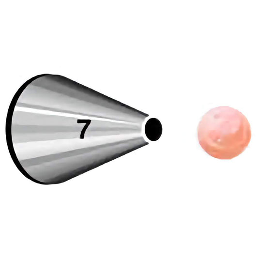 Round piping tip #7 with wide circular opening, shown piping a smooth ball of pink icing—ideal for bold dots, lettering, and decorative accents.