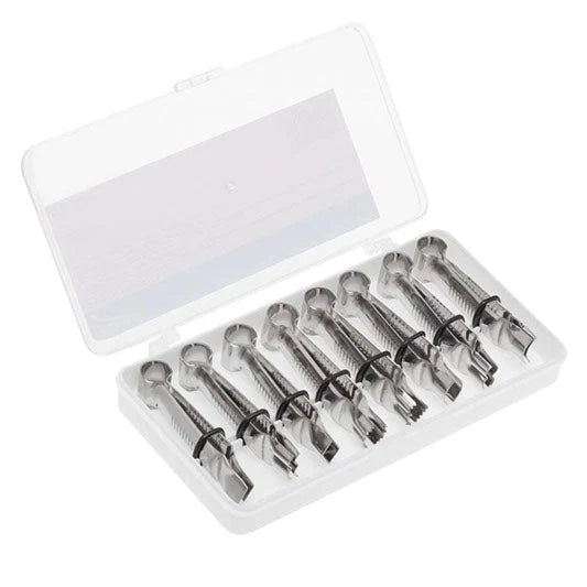 Ateco 8-piece crimper tool set in a plastic storage case, featuring stainless steel tools with adjustable O-rings for cake and pastry decorating.