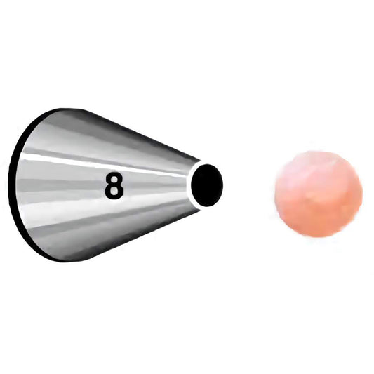 Piping tip #8 with a wide round opening, shown piping a large icing dot—ideal for bold borders, lettering, and cake accents.