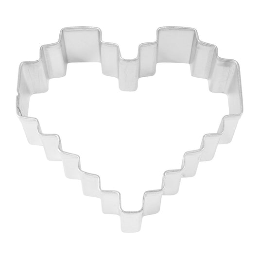 8-bit pixelated heart-shaped cookie cutter made of metal, featuring a jagged, retro-style design inspired by classic video games.