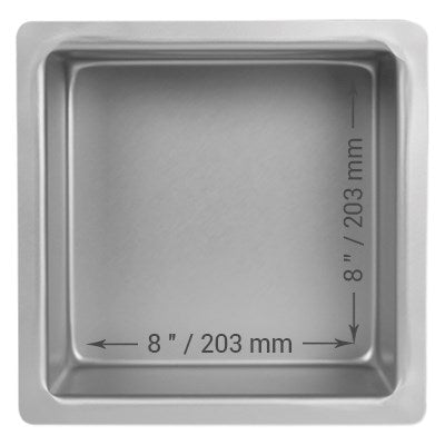8-inch, 4-inch deep square cake pan with seamless anodized aluminum construction for smooth, even sponge cakes and professional baking results.