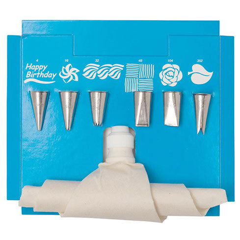 8-piece cake decorating set with 6 metal piping tips, reusable 10-inch flex bag, standard coupler, and instructional guide on a blue backing card.
