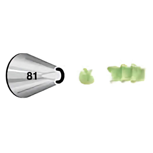 Lily-of-the-Valley Piping Tip 81 with green icing examples, used for piping shells, hearts, ropes, and small floral or festive accents