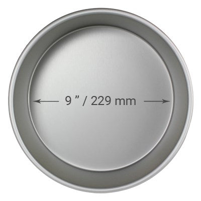 9-inch diameter and 4-inch deep round cake pan made of anodized aluminum with seamless construction for smooth, straight-edge cakes.