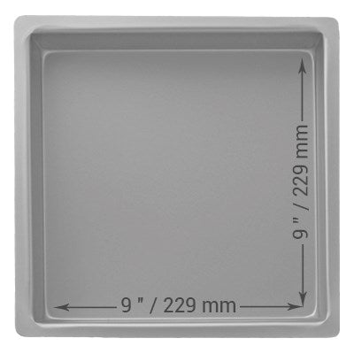 9-inch wide, 3-inch deep square cake pan with seamless anodized aluminum construction for smooth, even sponge cakes and professional baking results.