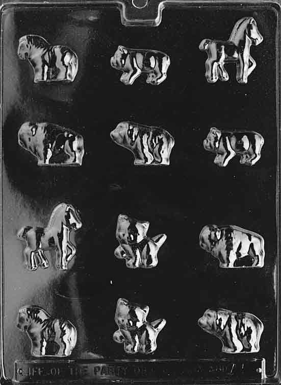 Mold sheet featuring multiple small animal silhouettes, smooth details for clean chocolate release.
