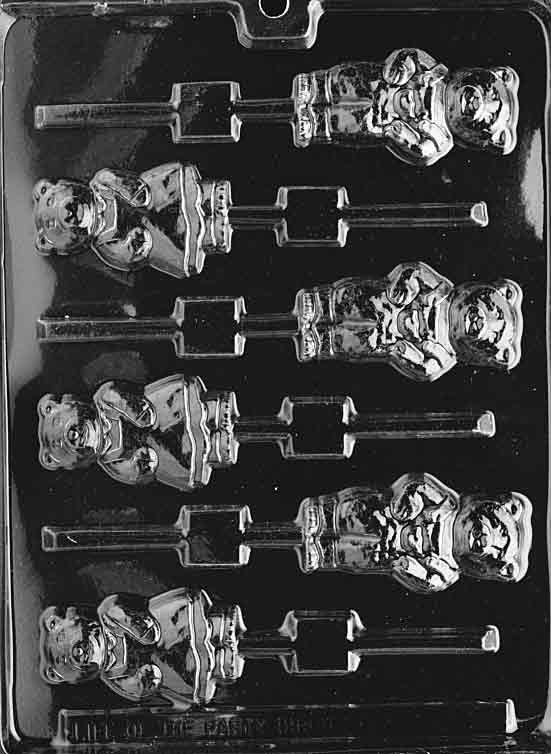 Mold sheet with two bear lollipop styles sized for “mama” and “papa,” each with rounded ears and paws.