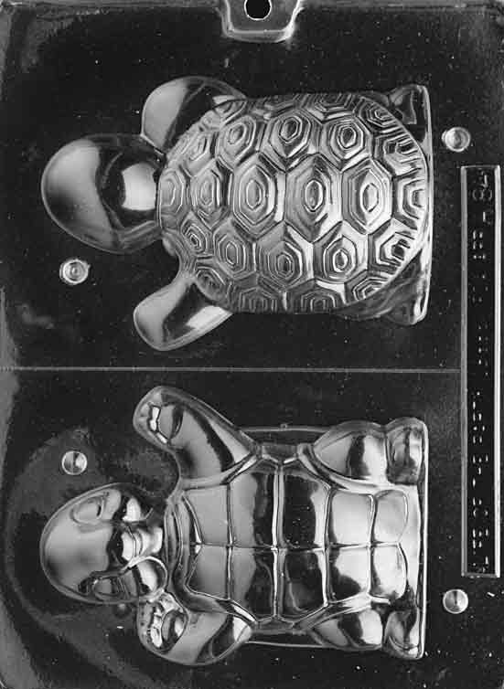 Two-part turtle mold forming a 3D smiling turtle with domed shell and legs.