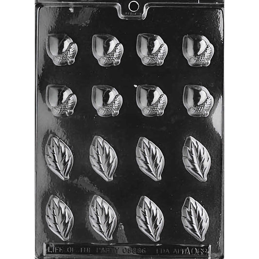 Acorns and Leaves for Wreath Chocolate Mold with eight acorn cavities and eight leaf cavities, each featuring detailed designs. The mold creates 3/8 inch deep chocolate pieces, using approximately 0.2 ounces of chocolate per piece. Made of food-grade plastic and manufactured in the USA.