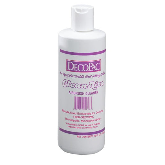 16 oz bottle of DecoPac CleanAire Airbrush Cleaner for removing food color stains from bakery airbrush systems and decorating tools.