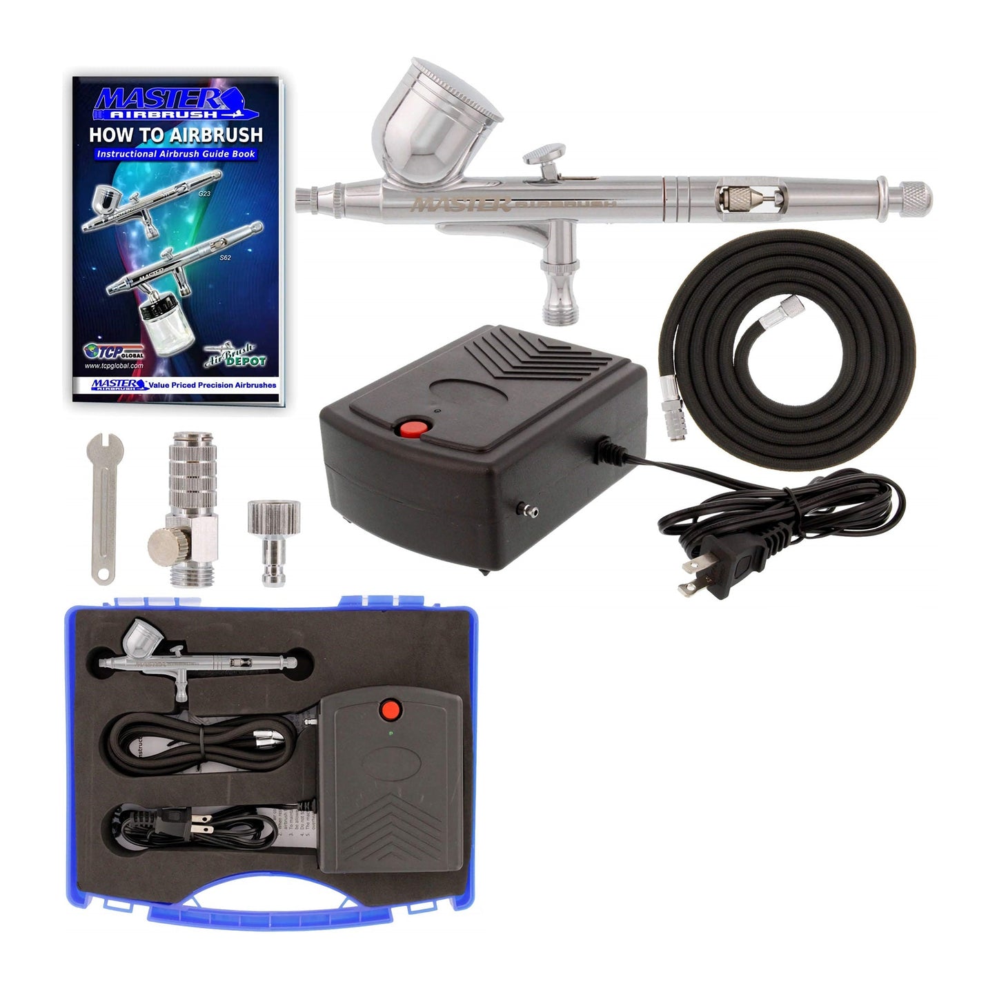 Complete airbrush cake kit including a G23 airbrush, Master portable compressor TC-22, air hose, sturdy storage case, and a how-to airbrush booklet.