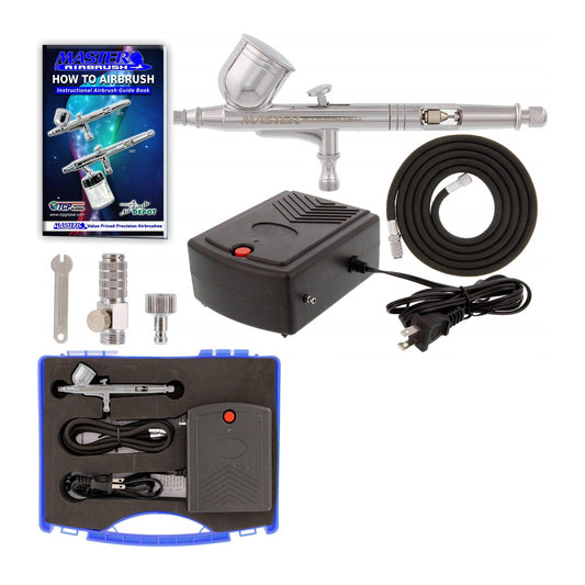 Complete airbrush cake kit including a G23 airbrush, Master portable compressor TC-22, air hose, sturdy storage case, and a how-to airbrush booklet.
